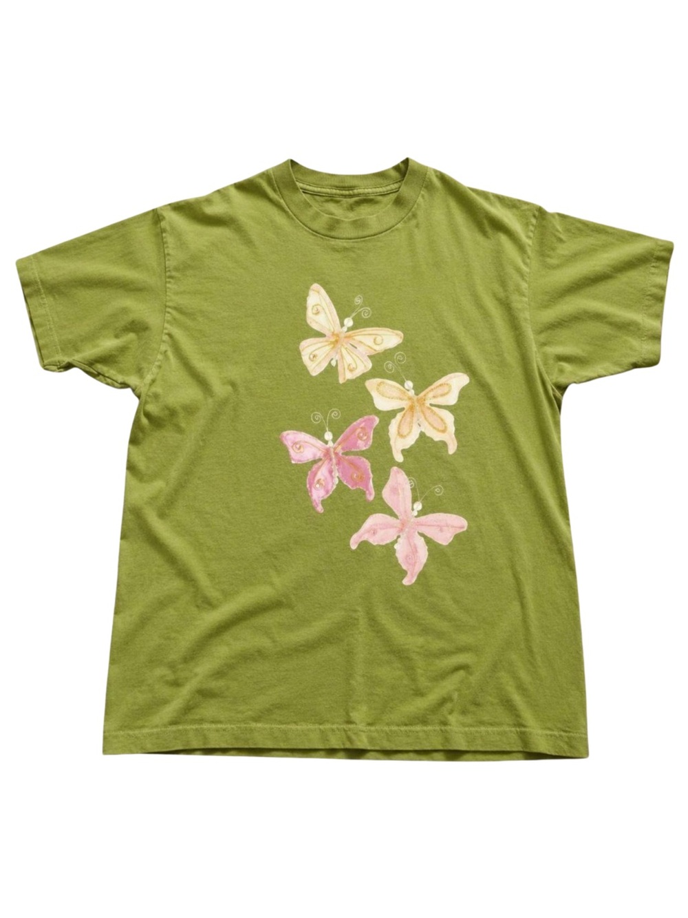 Gildan Kiwi Green Tee with Pink & Cream Butterfly Motif